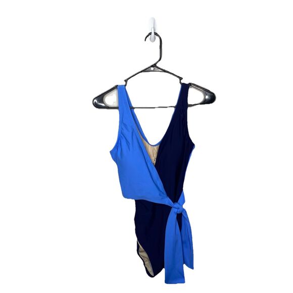 Kona Sol Wrap Tie Colorblock One Piece Swimsuit Navy Blue Light Blue Sz S New - Picture 1 of 8